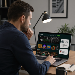 Person prüft Online Casinos mit deutscher Lizenz am Laptop – Anbieter-Vergleich 2026